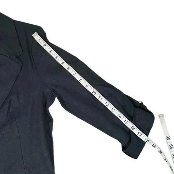 Ellen Tracy Open Front Linen Blend Blazer Size Medium Navy Blue Gold Ring - Picture 11 of 12